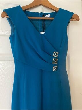 Versace Collection Teal Sheath Dress with Gold Buckles